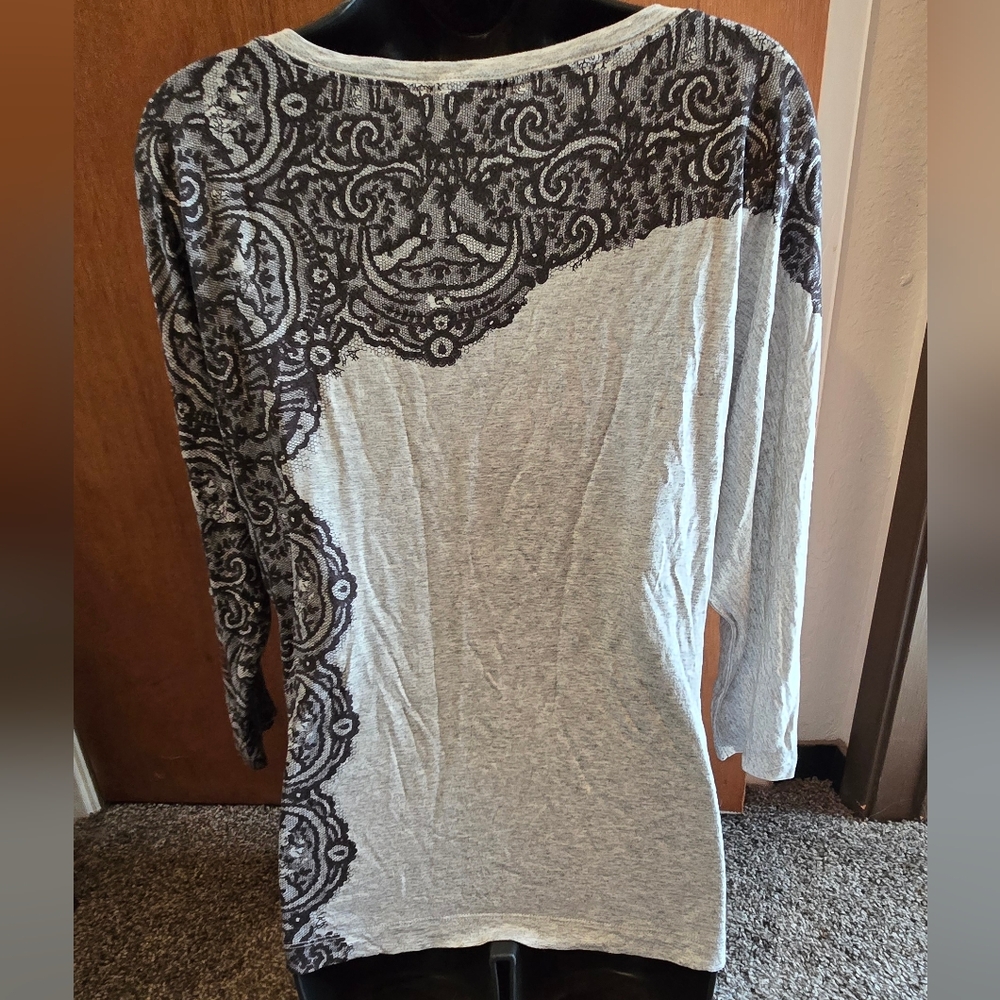 Jodi Arnold For The Limited Gray & Black Lace Print Detail Top SzL - Picture 5 of 6